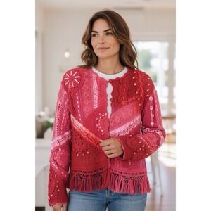 VTG Sandy‎ Starkman Jacket Womens S Pink Appliqué Velvet Crochet Patchwork Boho